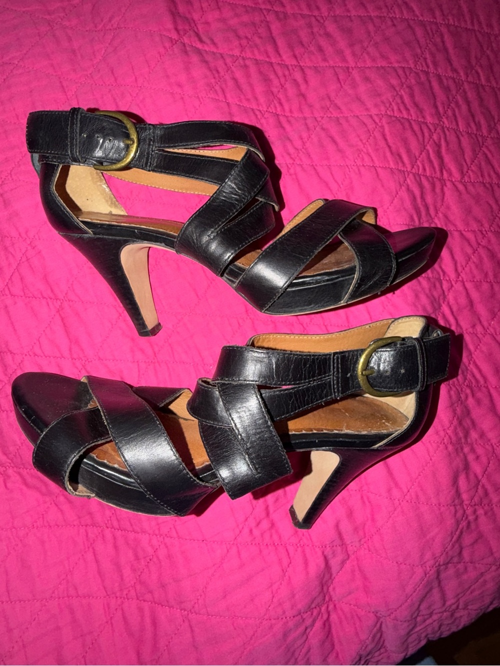Indigo Black Strappy High Heel Sandals with Gold Buckle